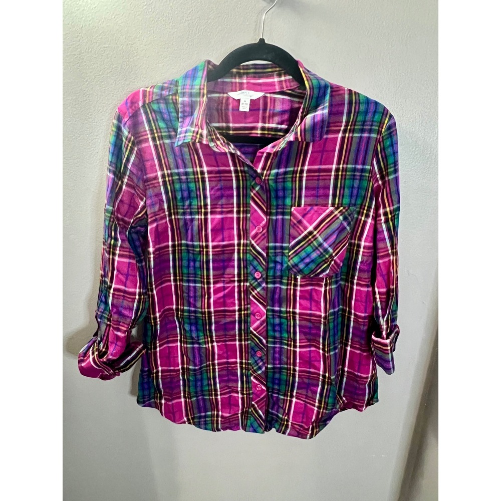 NWT Time and Tru Womens Plaid Flannel Button Down Pink Purple Lolita Combo
